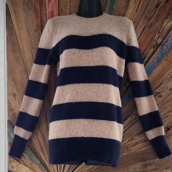 DemyLee New York beige/black wool/racoon hair knit striped Sweater Sz S - Picture 2 of 8